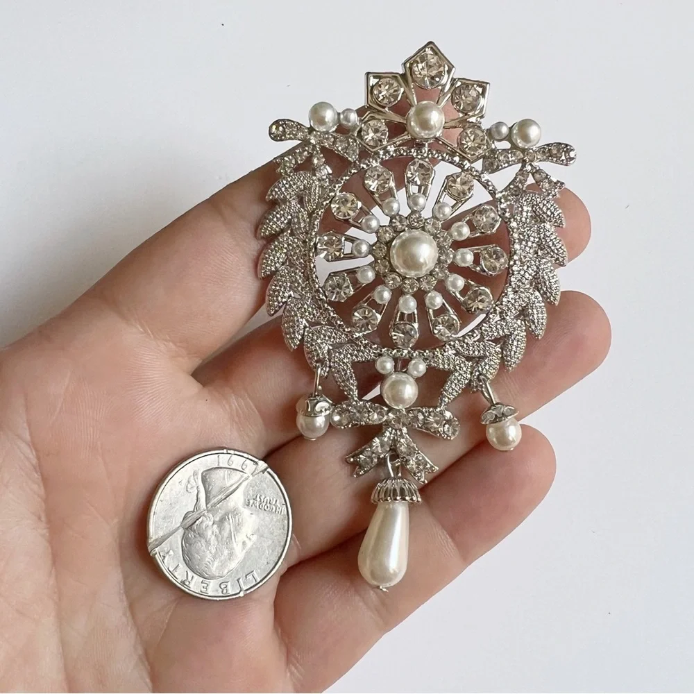 Regal Wreath Silvertone Clear Crystal Faux Pearl Drop Large Corsage Brooch Pin